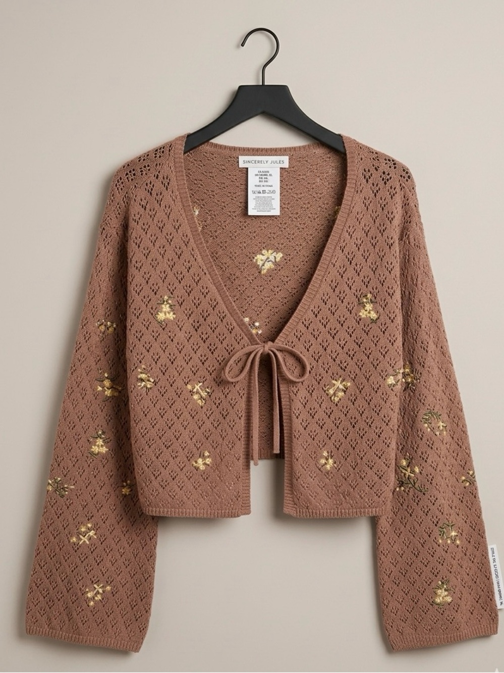 Sincerly Jules Brown floral tie front Cropped Knit Sweater w/ wide sleeves - xl
